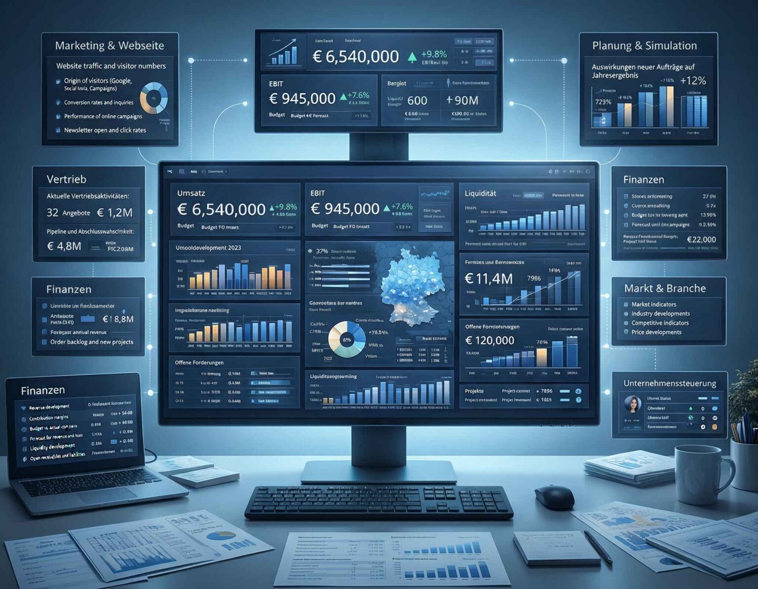 Modernes Management-Dashboard zur Unternehmenssteuerung mit Daten aus Marketing, Vertrieb, Finanzen und Projekten. Visualisiert werden Webseitenzugriffe, Conversion-Raten, Vertriebsaktivitäten, Umsatzentwicklung, Budget-Ist-Vergleich, Liquidität, Projektstatus sowie Forecast- und Planungsszenarien.