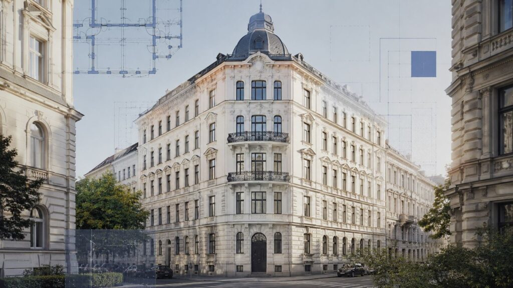 Wiener Gründerzeit-Eckhaus mit eingeblendetem Grundriss- und Vermessungsraster als Sinnbild für die digitale Bauwerksbuch-Dokumentation